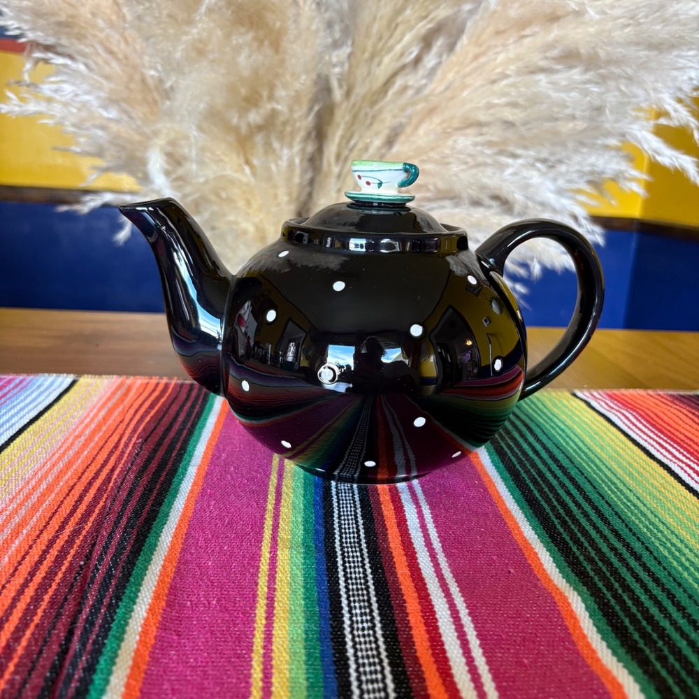 Department 56‎ Tea Party Black Polka Dot Ceramic Teapot with Teacup Lid Finial